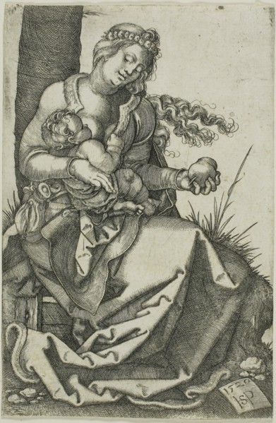 The Virgin with the Pear, 1520, Sebald Beham, German, 1500-1550, Germany, Engraving in black on
