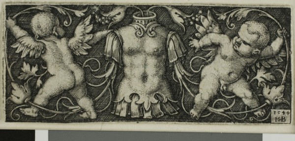 Ornament with Armor and Two Genii, from Four Vignettes, 1544, Sebald Beham, German, 1500-1550,