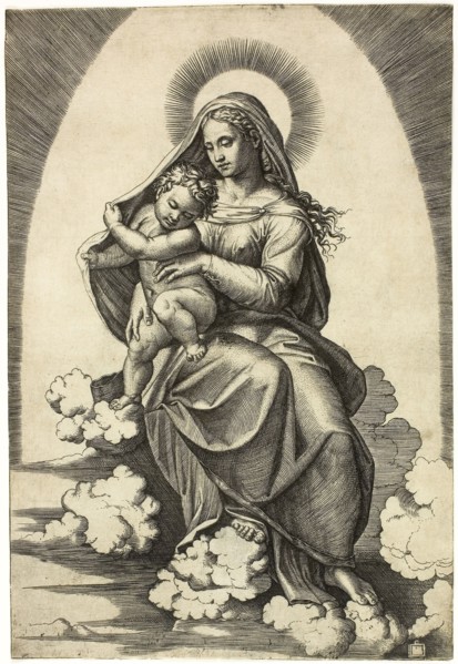 Virgin and Child Seated on Clouds, 1515/16, Marcantonio Raimondi (Italian, c. 1480-1534), after