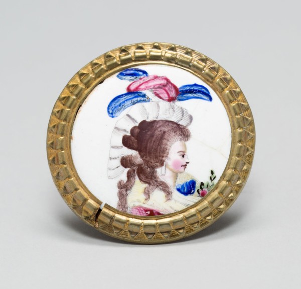 Cloak Pin (Knob or Tieback), 1810/30, England, Copper, transfer printed and polychrome enamel, gilt