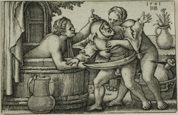 Buffoon and Two Bathing Women, 1541, Sebald Beham, German, 1500-1550, Germany, Engraving in black