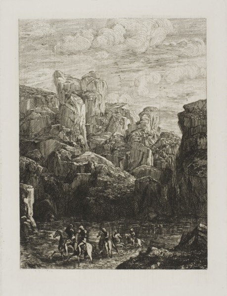 The Ford: Landscape with Horsemen, 1865, Odilon Redon, French, 1840-1916, France, Etching on ivory
