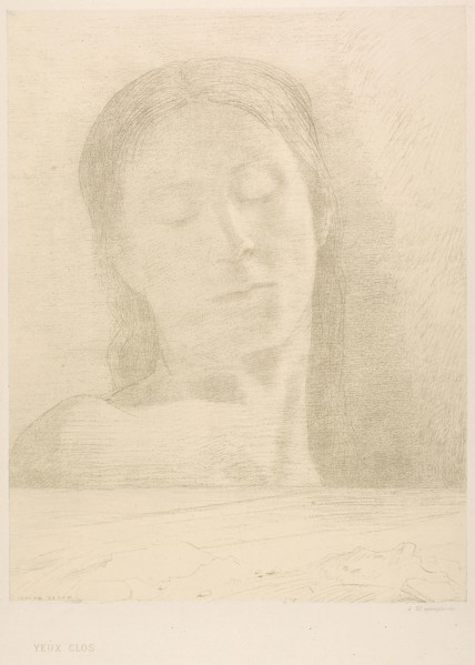 Closed Eyes, 1890, Odilon Redon, French, 1840-1916, France, Lithograph in gray-green on cream China