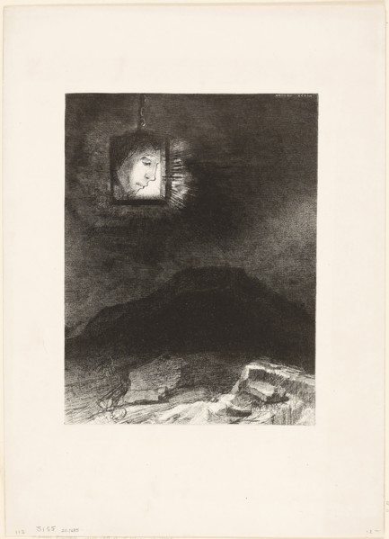Precarious Glimmering, a Head Suspended from Infinity, plate 3 of 6, 1891, Odilon Redon, French,