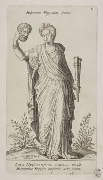 Melpomene, Muse of Tragedy, plate 8 from Parnassus Biceps, 1601, Johann Theodor de Bry (German,
