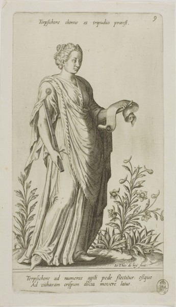 Terpsichore, Muse of Dance, plate 9 from Parnassus Biceps, 1601, Johann Theodor de Bry (German,