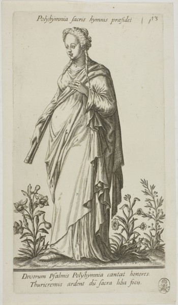 Polyhymnia, Muse of Hymns, plate 13 from Parnassus Biceps, 1601, Johann Theodor de Bry (German,