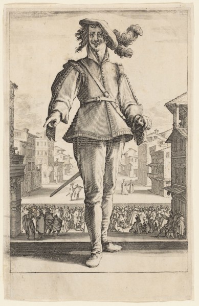 The Captain or The Lover, from Three Italian Comedians, 1618–20, Jacques Callot, French, 1592-1635,