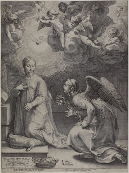 The Annunciation, plate one from The Birth and Early Life of Christ, 1594, Hendrick Goltzius