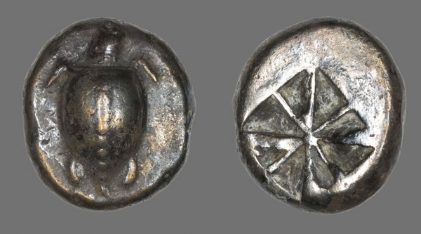 Stater (Coin) Depicting a Sea Turtle, 510/485 BC, Greek, Aegina, Silver, Diam. 2 cm, 12.06 g