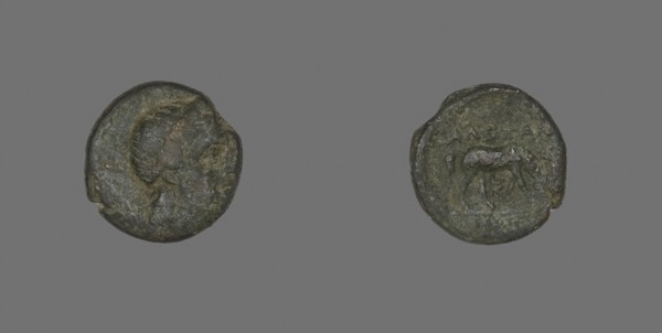 Coin Depicting the God Apollo, about 300 BC, Greek, Ancient Greece, Bronze, Diam. 1.5 cm, 3.68 g