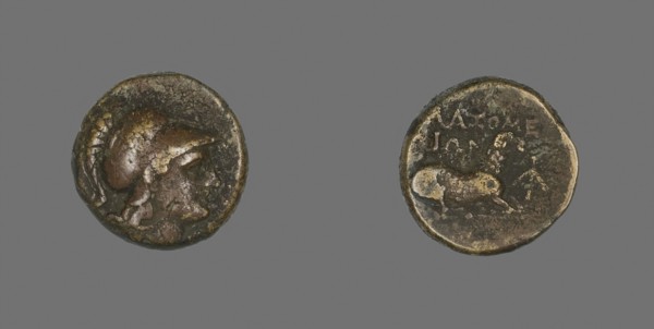 Coin Depicting the Goddess Athena, 387/301 BC, Greek, Ancient Greece, Bronze, Diam. 1.7 cm, 5.78 g