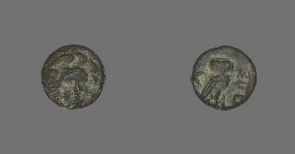 Coin Depicting the Goddess Athena, 4th century BC, Greek, Ancient Greece, Bronze, Diam. 1.2 cm, 1