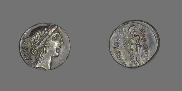 Denarius (Coin) Depicting the Goddess Salus, about 49 BC, Roman, Roman Empire, Silver, Diam. 1.8