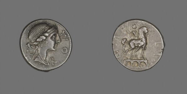 Denarius (Coin) Depicting the Goddess Roma, 114/113 BC, Roman, Roman Empire, Silver, Diam. 1.8 cm,