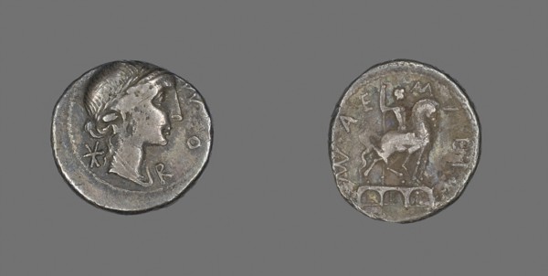 Denarius (Coin) Depicting the Goddess Roma, 114/113 BC, Roman, Roman Empire, Silver, Diam. 1.9 cm,