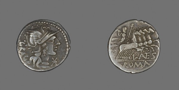 Denarius (Coin) Depicting the Goddess Roma, about 136 BC, Roman, Roman Empire, SIlver, Diam. 2 cm,