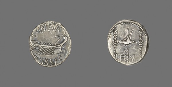 Denarius (Coin) Depicting a Galley, 32/31 BC, Roman, Roman Empire, Silver, Diam. 1.7 cm, 3.77 g