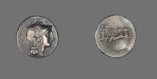 Denarius (Coin) Depicting the Goddess Roma, 110/109 BC, Roman, Roman Empire, Silver, Diam. 1.8 cm,