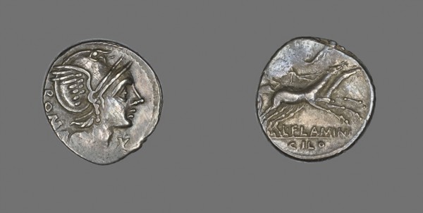 Denarius (Coin) Depicting the Goddess Roma, 109/108 BC, Roman, Roman Empire, Silver, Diam. 1.9 cm,