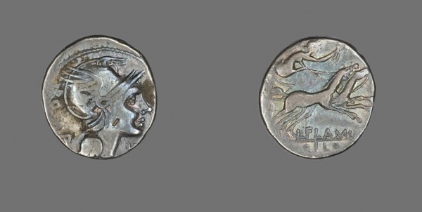 Denarius (Coin) Depicting the Goddess Roma, 109/108 BC, Roman, Roman Empire, Silver, Diam. 1.9 cm,