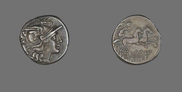 Denarius (Coin) Depicting the Goddess Roma, 200 or 152 BC, Roman, Roman Empire, Silver, Diam. 1.8