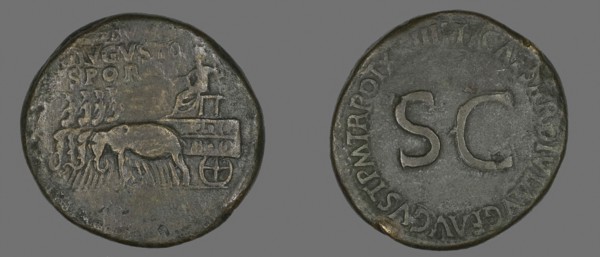 Sestertius (Coin) Portraying Emperor Augustus, AD 34/35, Roman, minted in Rome, Roman Empire,