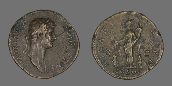 Sestertius (Coin) Portraying Emperor Hadrian, AD 128/132, Roman, minted in Rome, Roman Empire,