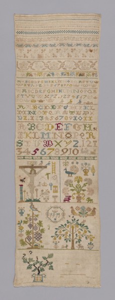 Sampler, 1766, Germany, Linen, plain weave, embroidered with silk, 81.6 x 26 cm (32 1/8 x 10 1/4 in