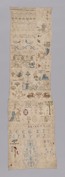 Sampler, 1719, Germany, Linen, plain weave, embroidered with linen and silk, 127 x 38 cm (50 x 15