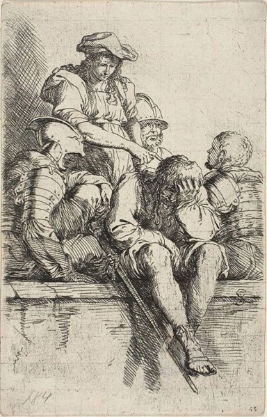 Four warriors and a standing youth, who points down at one of them, from Figurine series, n.d.,