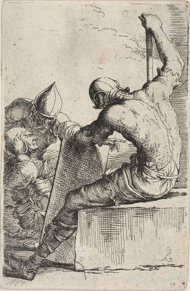 A warrior, seated on a foreground block, holds a shield and staff and turns toward two warriors