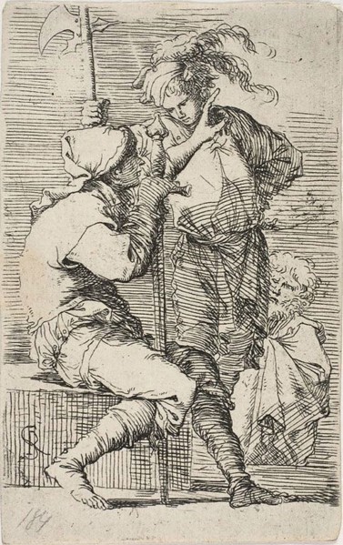 Two warriors, one holding a sward, the other a halberd, an old brearded man behind them, from