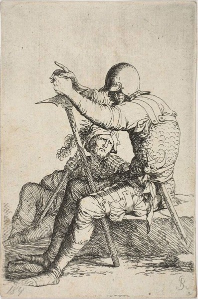 Two warriors, one seated on a low foreground rock and holding a war hammer, the other figure seated