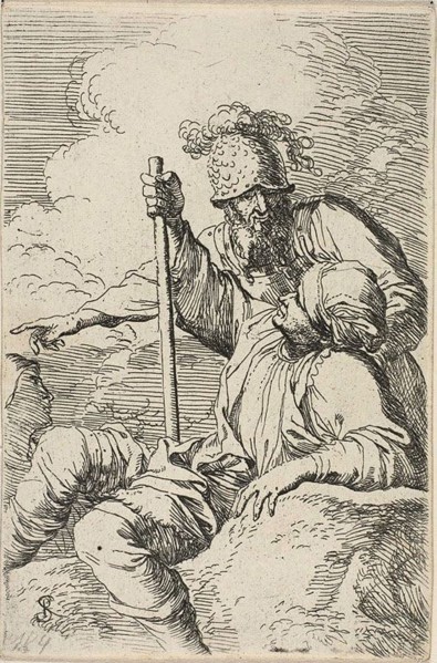 Three Warriors, one seated on a foreground rock holding a staff, the secnd standing behind him and