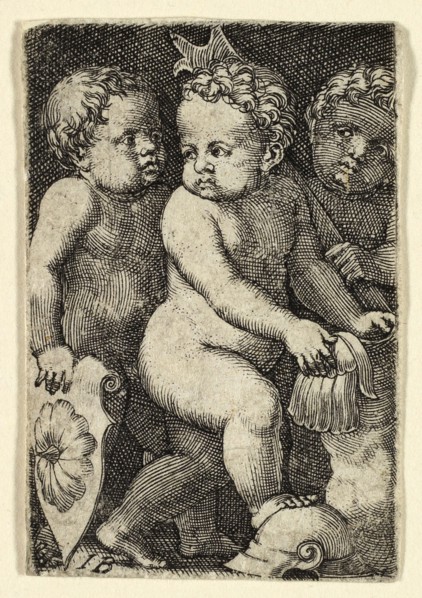 Three Putti with Armor, 1523/30, Master I.B., German, died 1525/30, Germany, Engraving in black on
