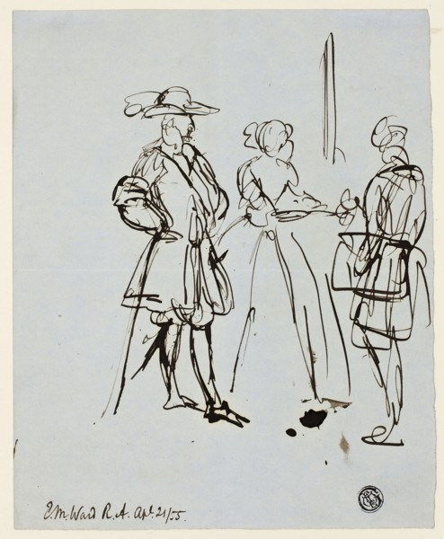 Three Figures, April 21, 1855, Edward Matthew Ward, English, 1816-1879, England, Pen and brown ink