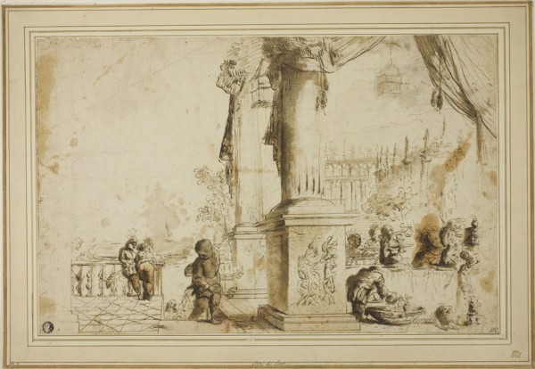 Banquet Scene on Terrace, n.d., Unknown Artist, Italian, 17th century, Italy, Pen and brown ink,