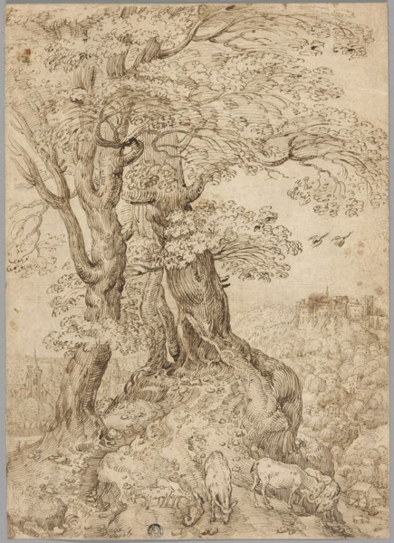 Wooded Landscape with Donkeys and Goats, and Castle on Hill in Distance, 1569, after Pieter