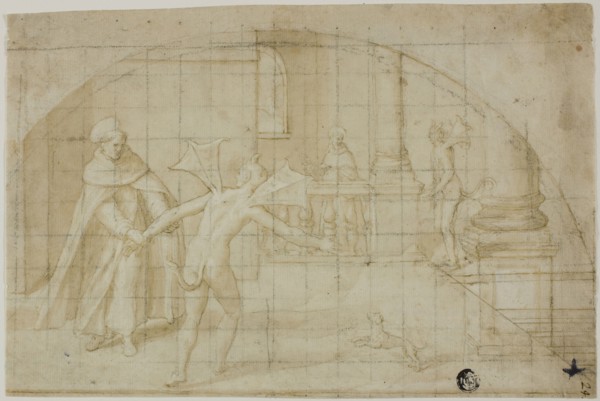 Design for a Lunette: Devils and Saint in a Monastery, 1604/12, Attributed to Bernardino Poccetti,