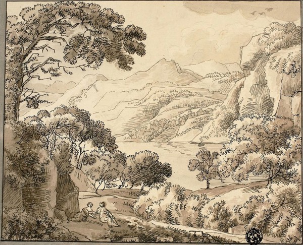 Mountain Lake with Two Figures, n.d., Carl August Lebschée, German, 1800-1877, Germany, Pen and