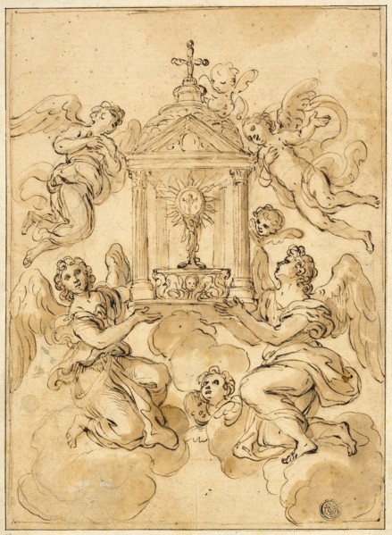 Monstrance Borne by Angels, n.d., Probably by Giacinto Calandrucci, Italian, 1646-1707, Italy, Pen