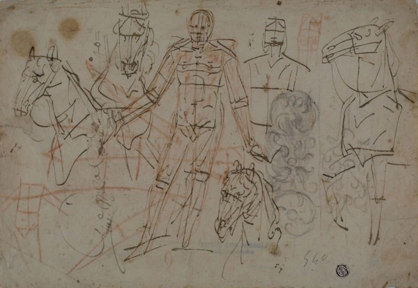 Sketches of Men, Horses, and Decorative Design, 1596/98, Attributed to Pietro Sorri, Italian,
