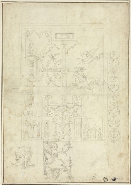 Ceiling Design, with Sketches of Ornamental Border, Helmeted Head (recto), Sketches of Ornamental