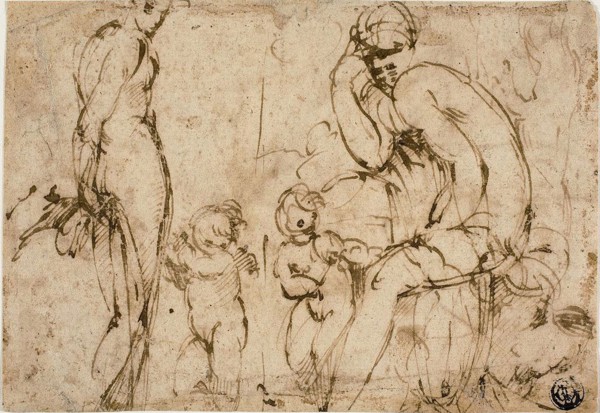 Venus and Mars with Putti (recto), Bearded Man Moving to Right (verso), c. 1550, Circle of