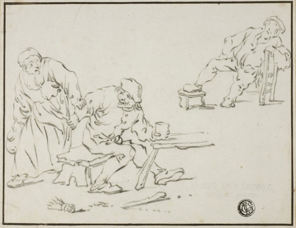 Tavern Scene, n.d., After Adriaen van Ostade, Dutch, 1610-1685, Holland, Black chalk on ivory laid