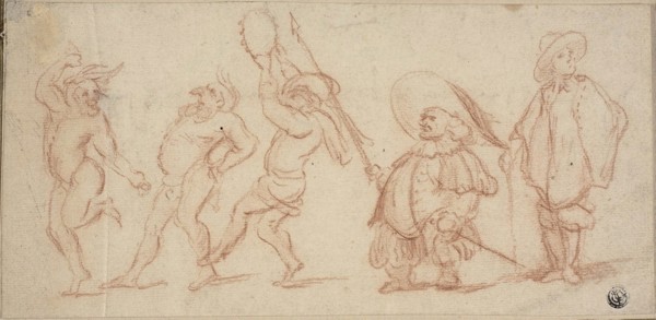 Carnival Figures, n.d., Baccio del Bianco, Italian, 1604-1656, Italy, Red chalk on ivory laid