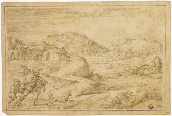 River Landscape with Saint Roch and a Child Traveling with Dog, c. 1545, Domenico Campagnola,