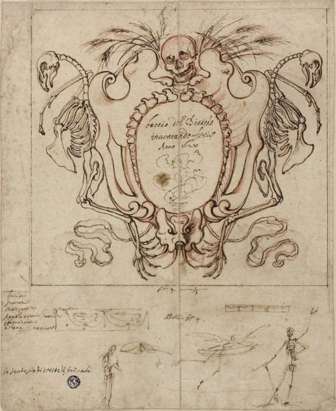 Funereal Cartouche with Inscription and Sketches of Skeletons and Ornamental Details, 1628, Baccio