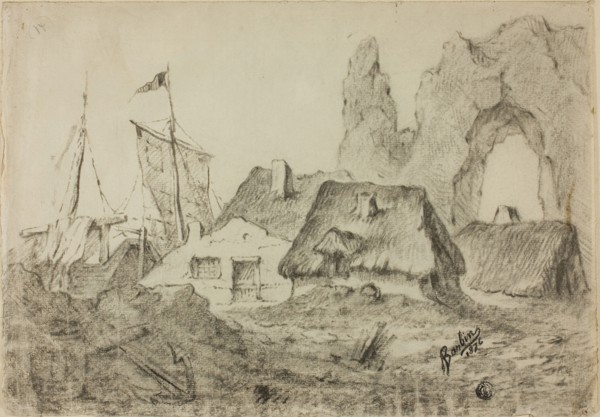 Huts Etretat, 1876, Barbin, French, active 1876, France, Charcoal, with touches of black pastel, on